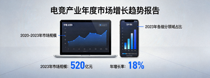 电竞产业年度报告图表显示市场增长趋势，手机与电脑屏幕展示数据