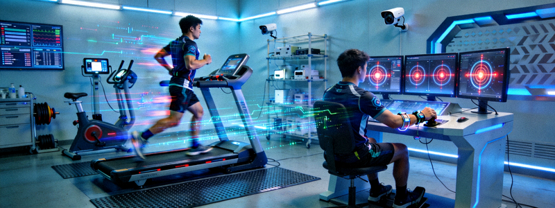 电竞选手进行高强度体能训练和反应速度测试的科学实验室场景