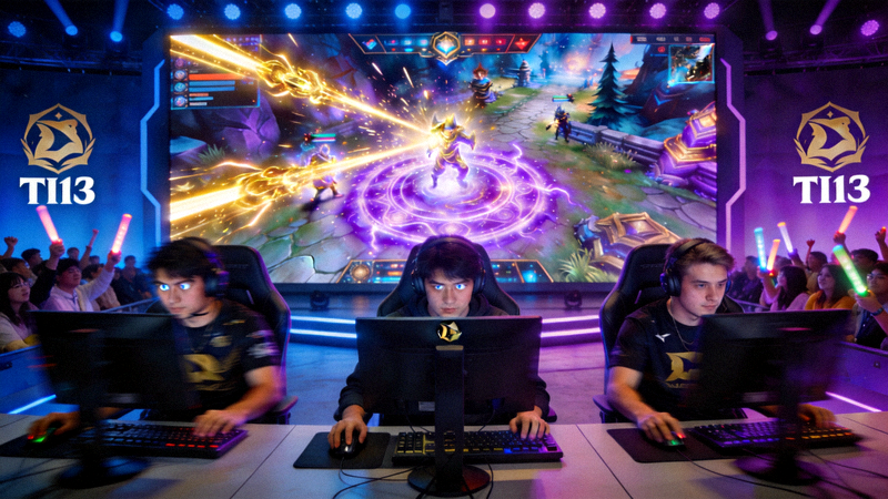 DOTA2国际邀请赛TI13比赛现场，绚丽的游戏特效与选手专注的神情