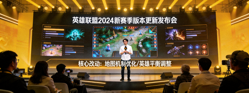 英雄联盟新赛季版本更新发布会现场，设计师讲解游戏改动